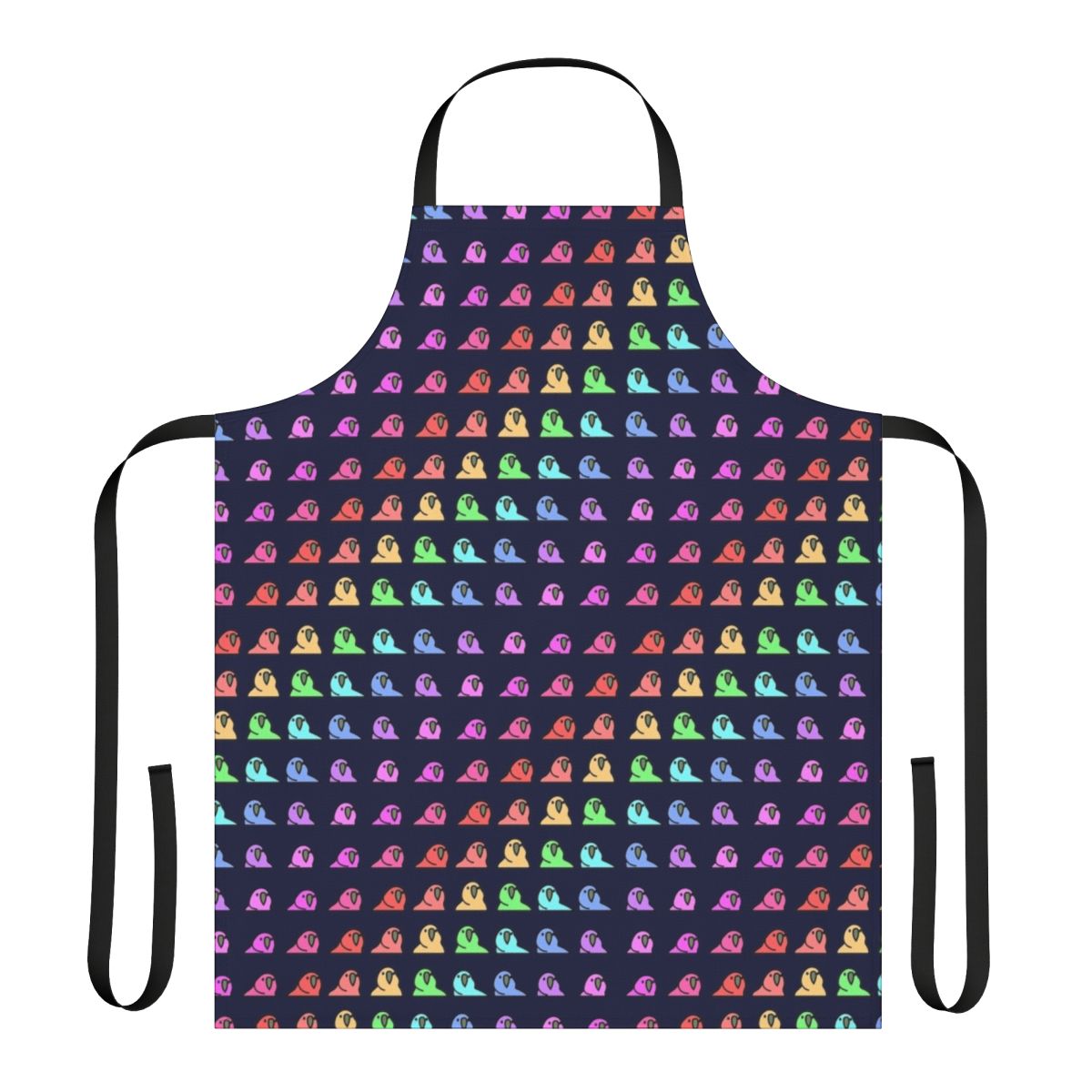 A colorful apron featuring a vibrant rainbow parrot design