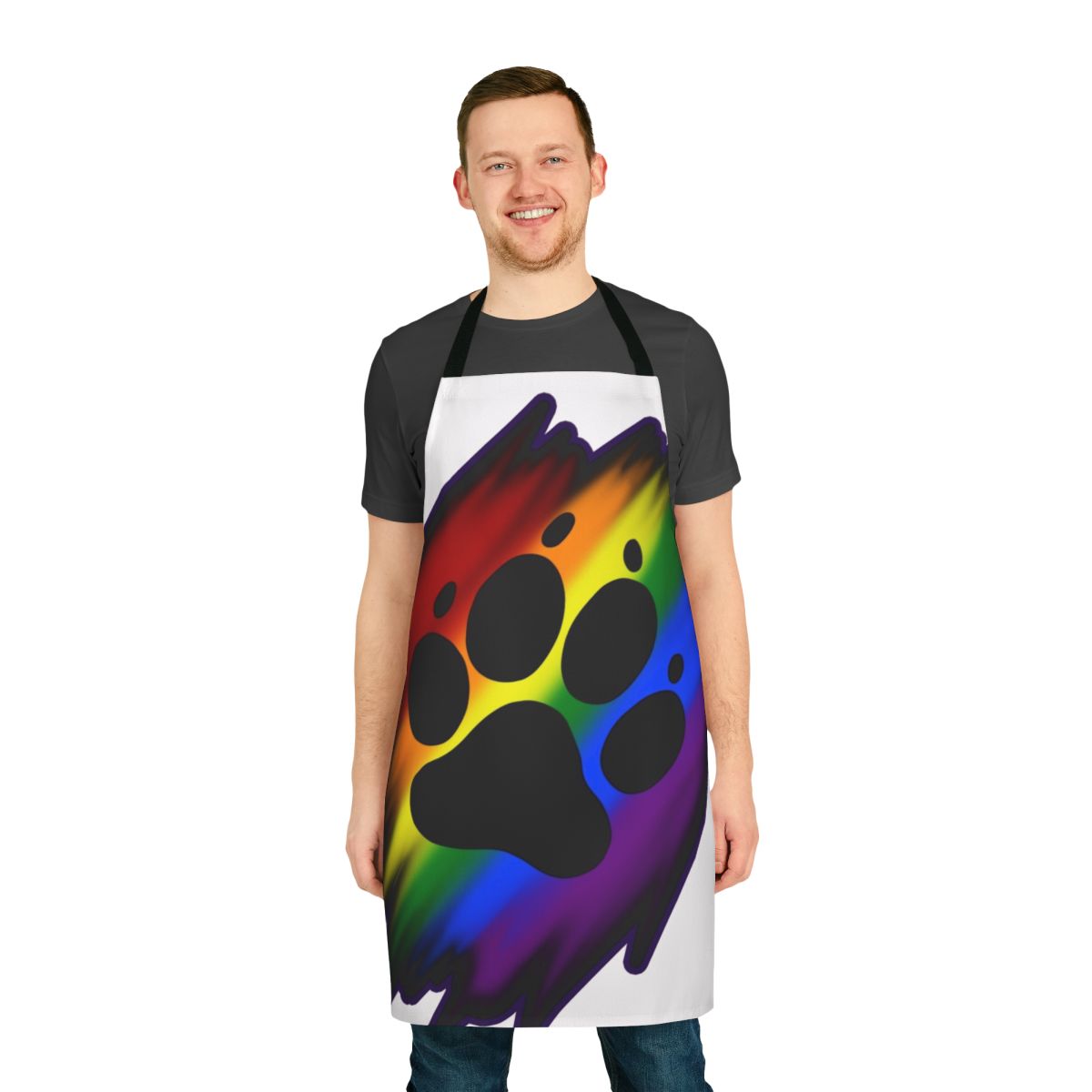 Colorful rainbow splatter pattern apron with paw prints