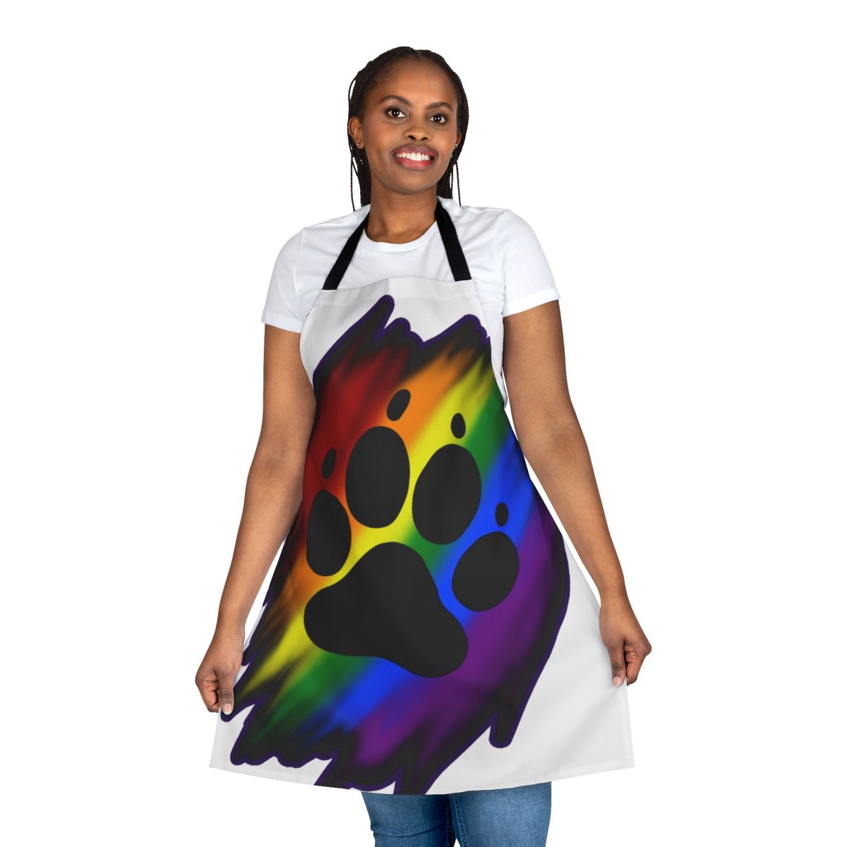 Colorful rainbow splatter pattern apron with paw prints