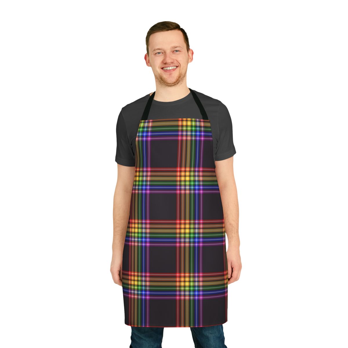 Colorful rainbow plaid apron with a subtle pride flag design