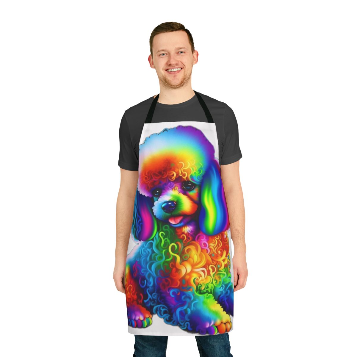 Colorful and fun rainbow poodle design printed on a high-quality cotton apron