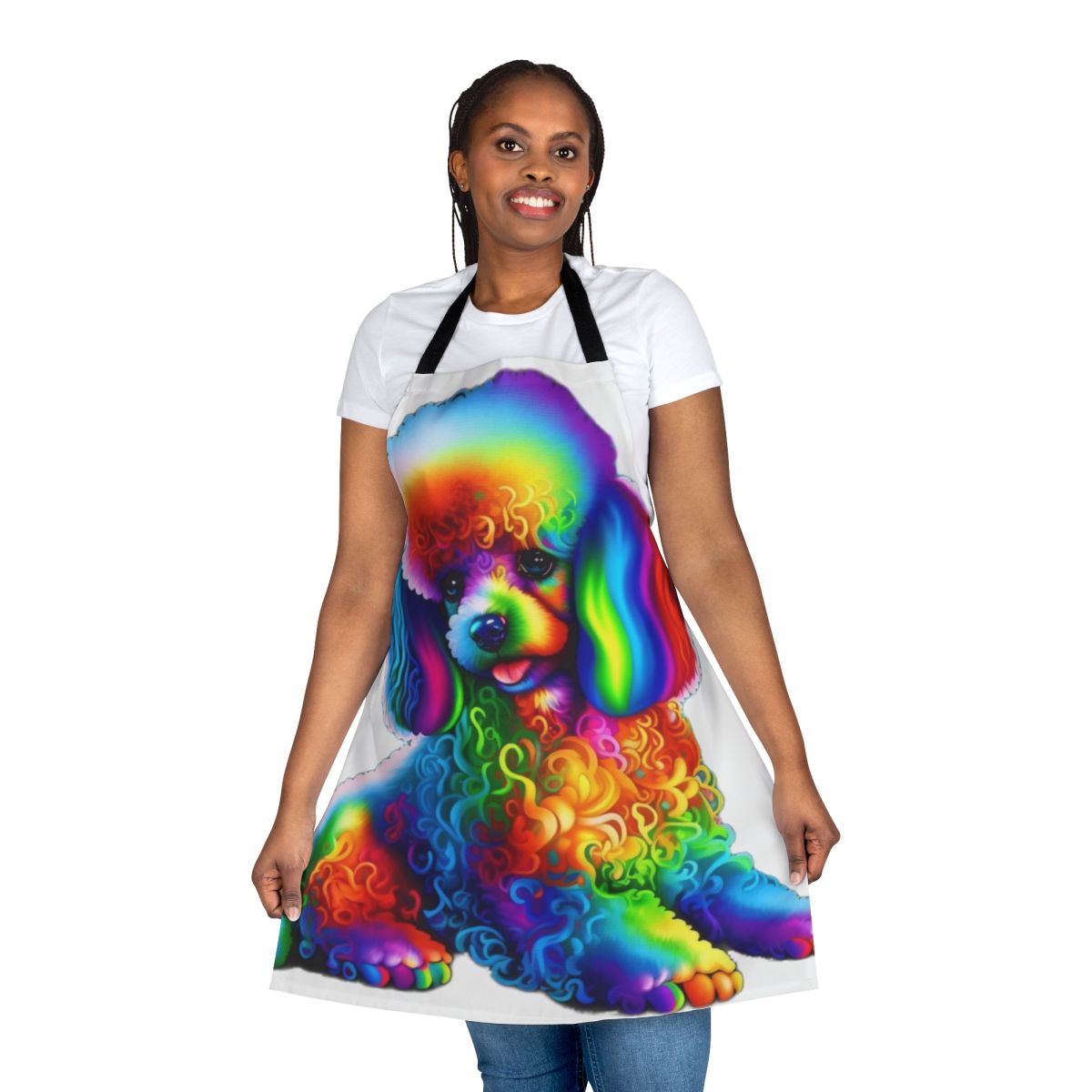 Colorful and fun rainbow poodle design printed on a high-quality cotton apron