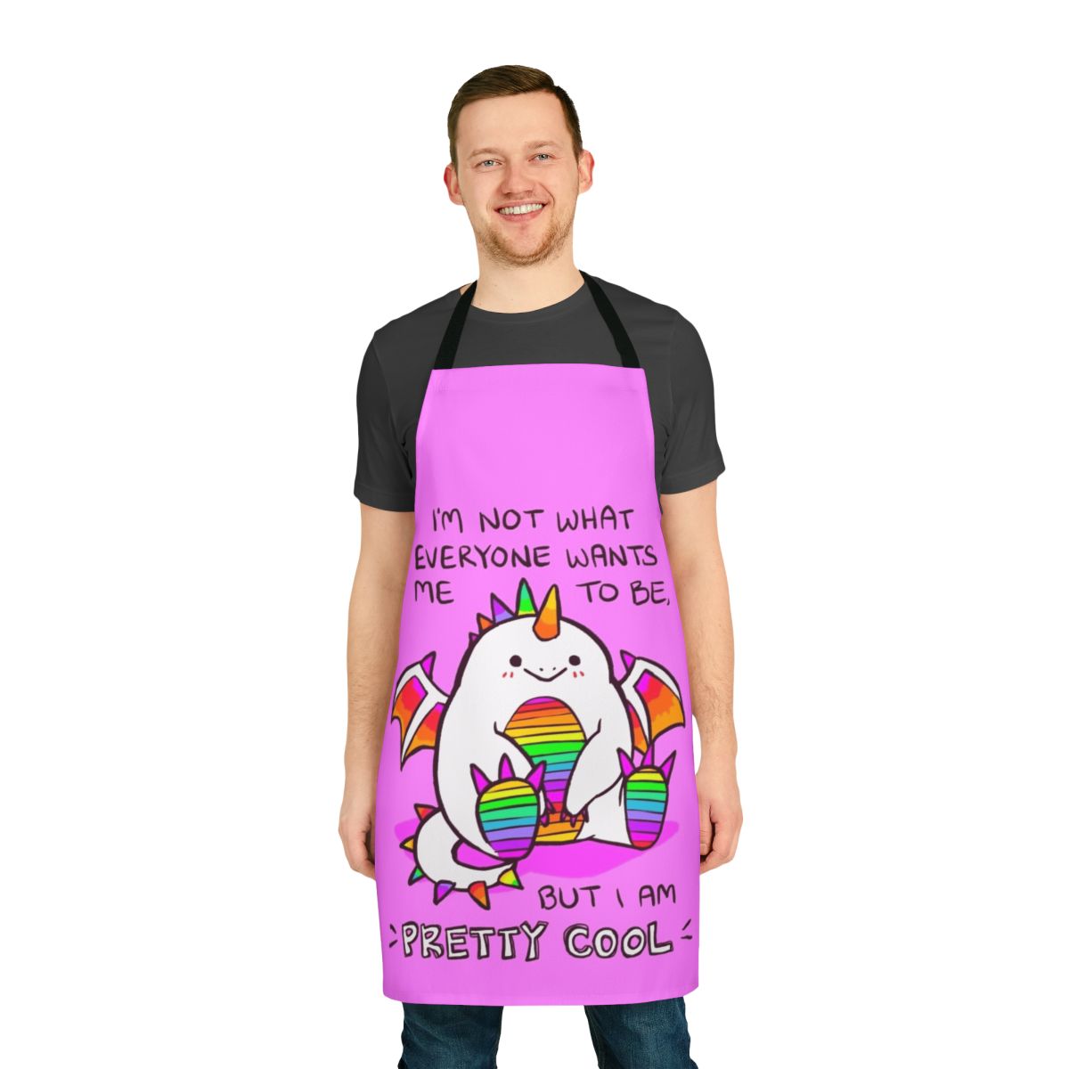 Vibrant rainbow potato dragon apron with cute cartoon design