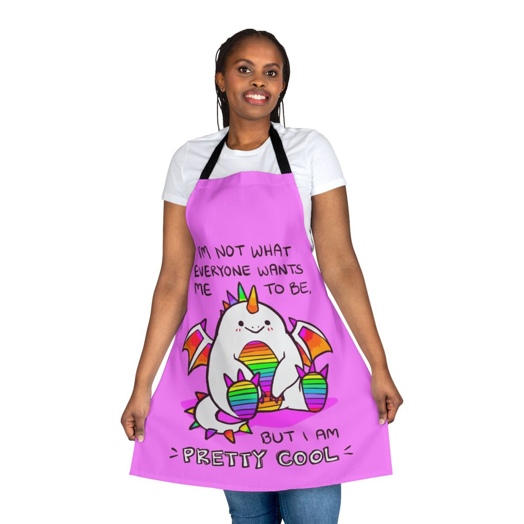 Vibrant rainbow potato dragon apron with cute cartoon design