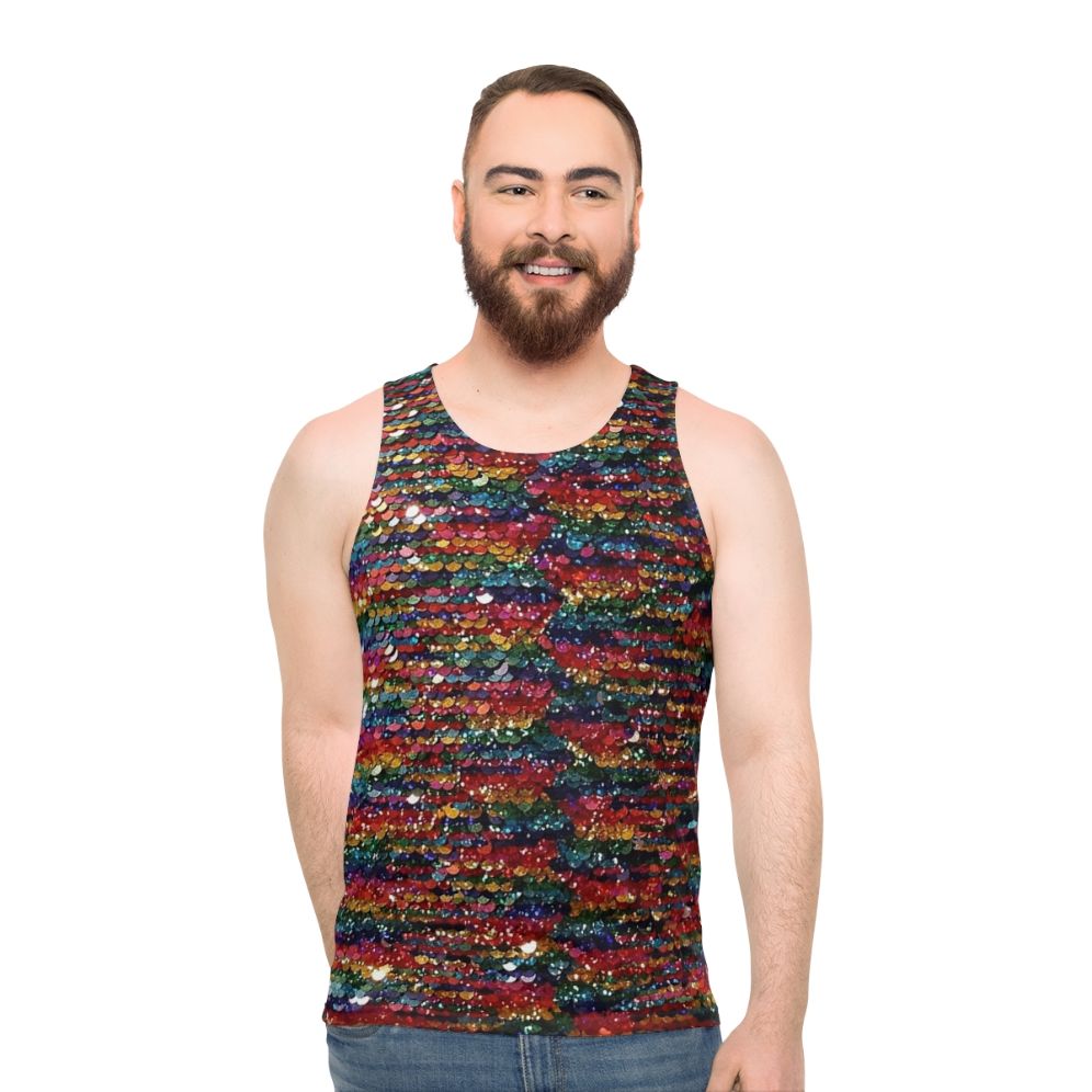 Vibrant rainbow sequin unisex tank top