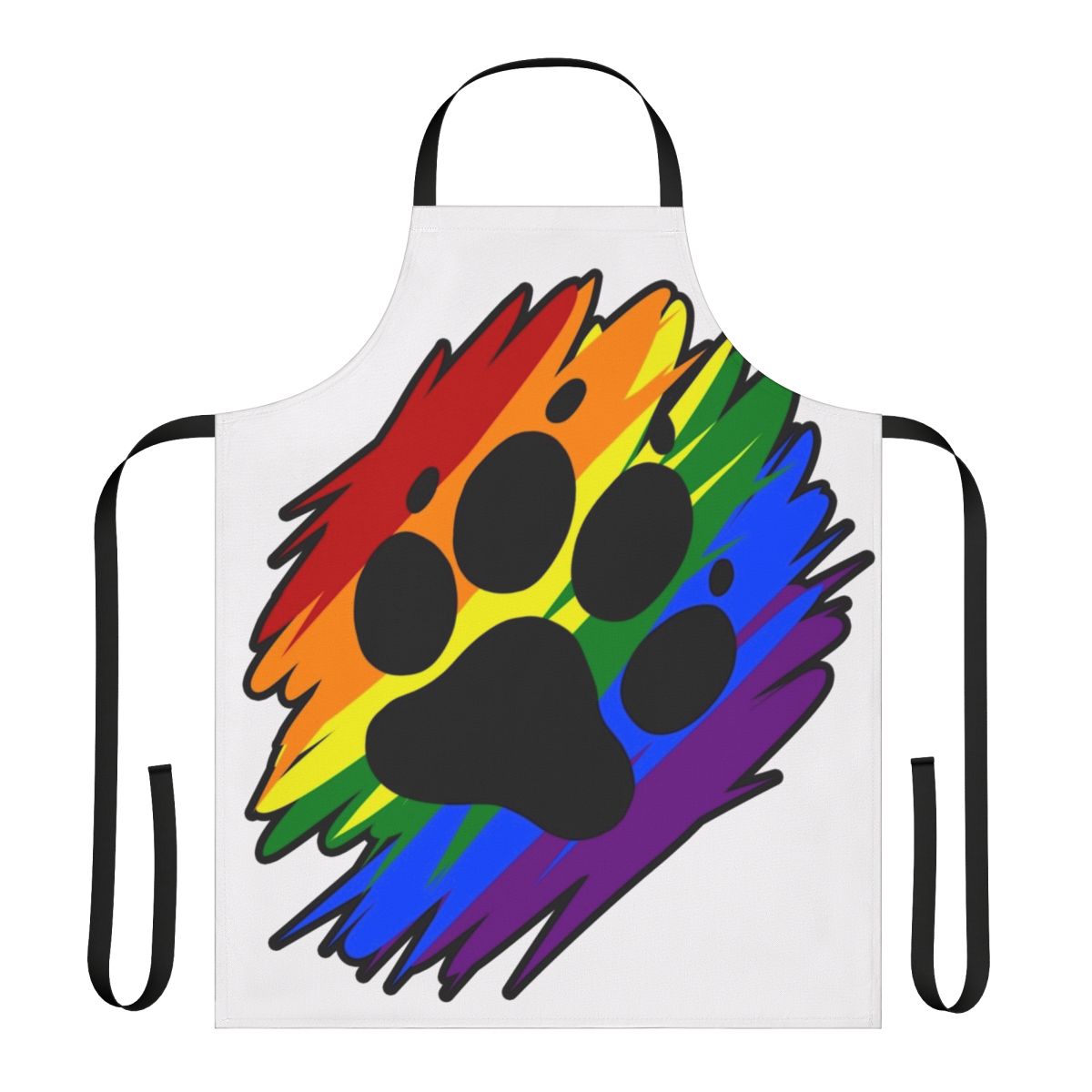 Colorful rainbow paint splatter pattern on a high-quality apron