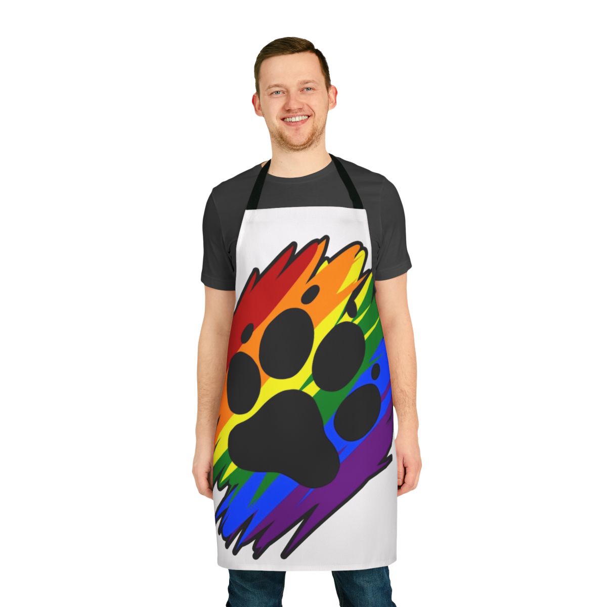 Colorful rainbow paint splatter pattern on a high-quality apron