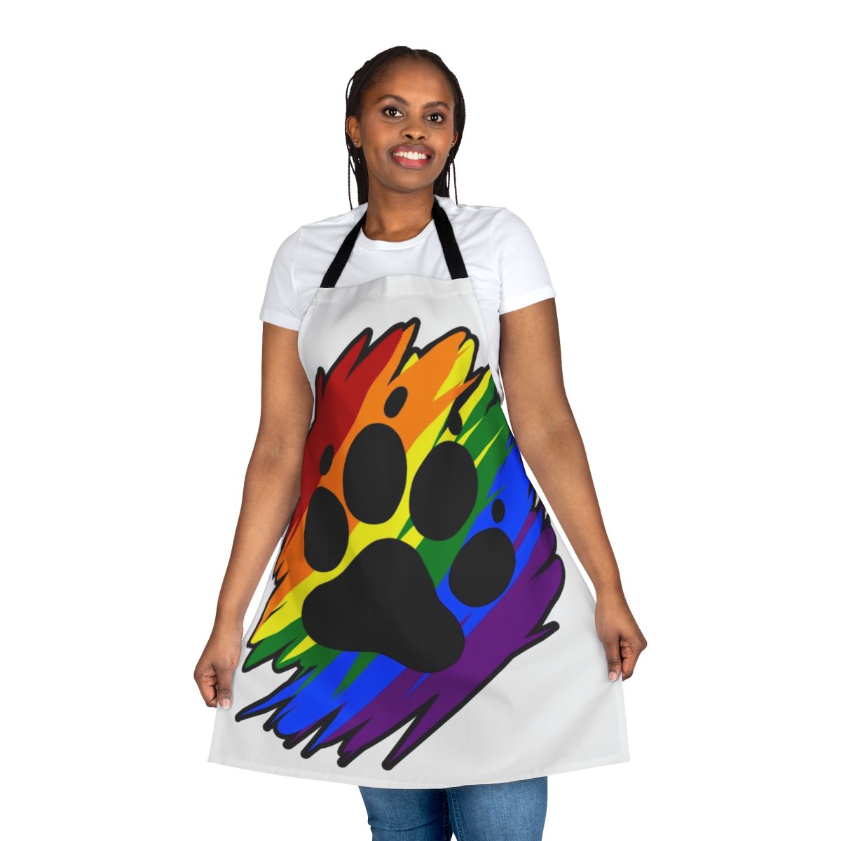 Colorful rainbow paint splatter pattern on a high-quality apron