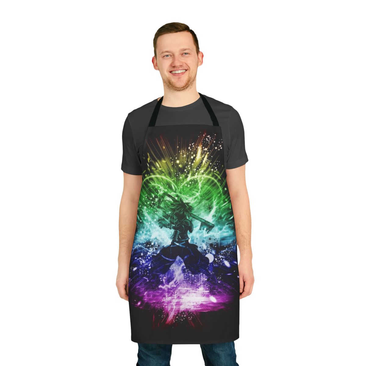 Colorful rainbow storm design on a sturdy, high-quality apron