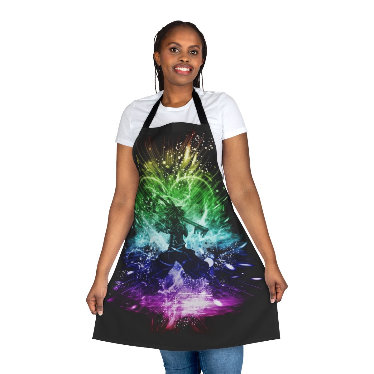 Colorful rainbow storm design on a sturdy, high-quality apron