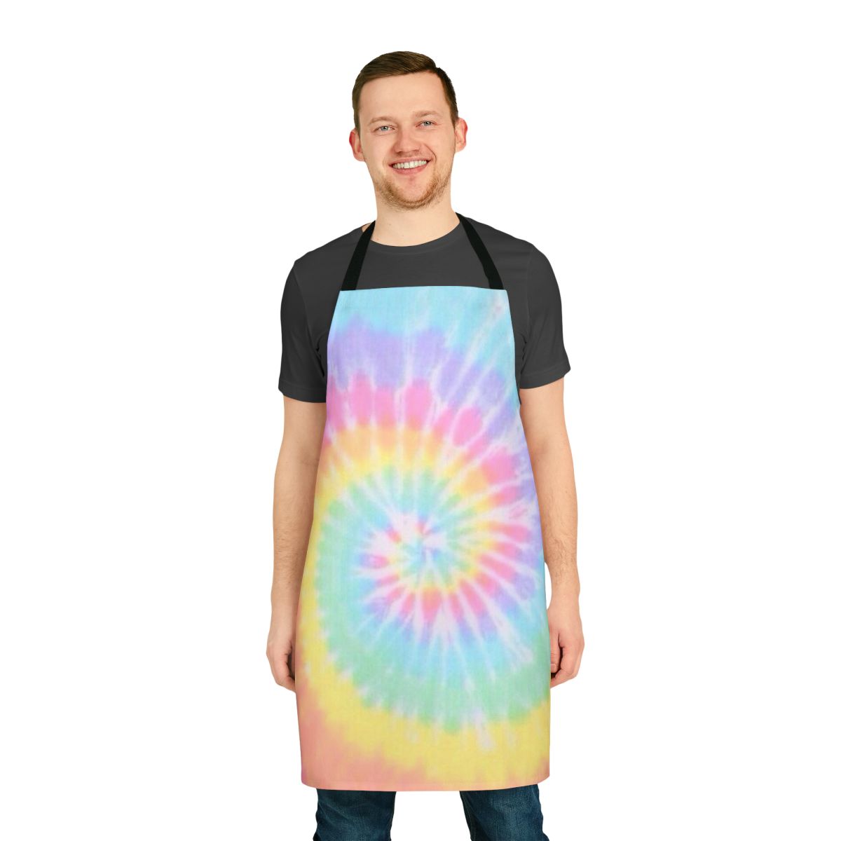 Colorful rainbow tie dye apron with a vibrant, unique design