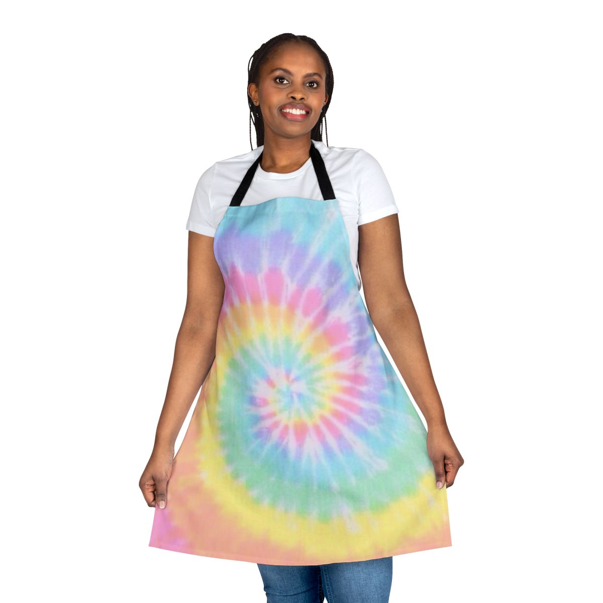 Colorful rainbow tie dye apron with a vibrant, unique design