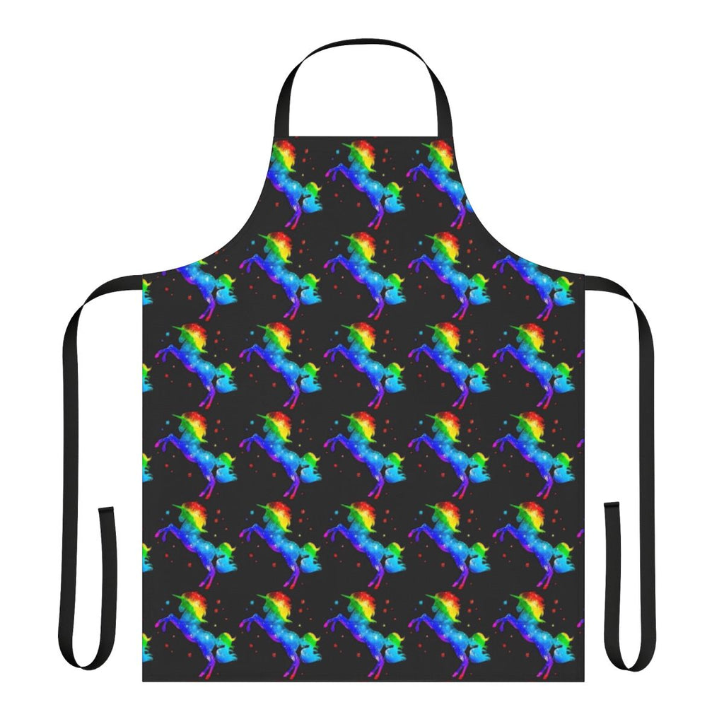 Colorful apron featuring a whimsical unicorn design in a starry galaxy background