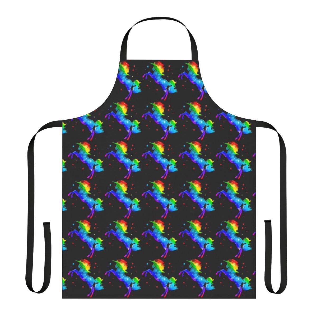 Colorful apron featuring a whimsical unicorn design in a starry galaxy background