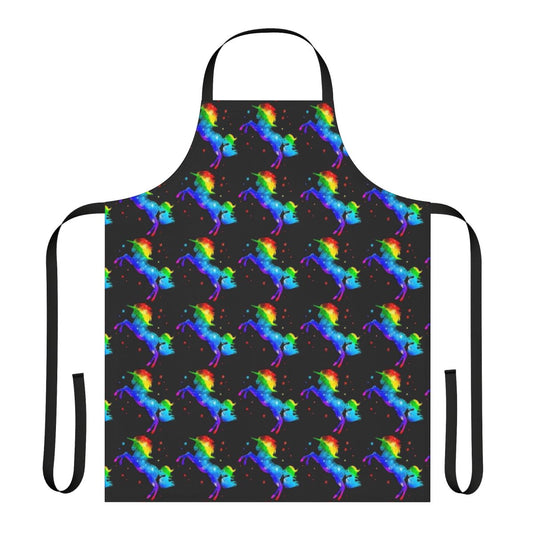 Colorful apron featuring a whimsical unicorn design in a starry galaxy background