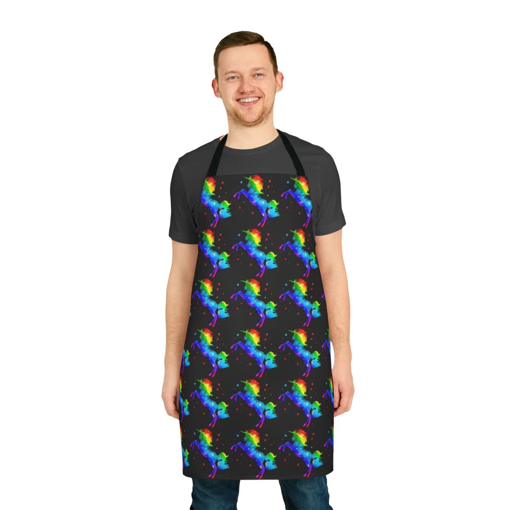 Colorful apron featuring a whimsical unicorn design in a starry galaxy background