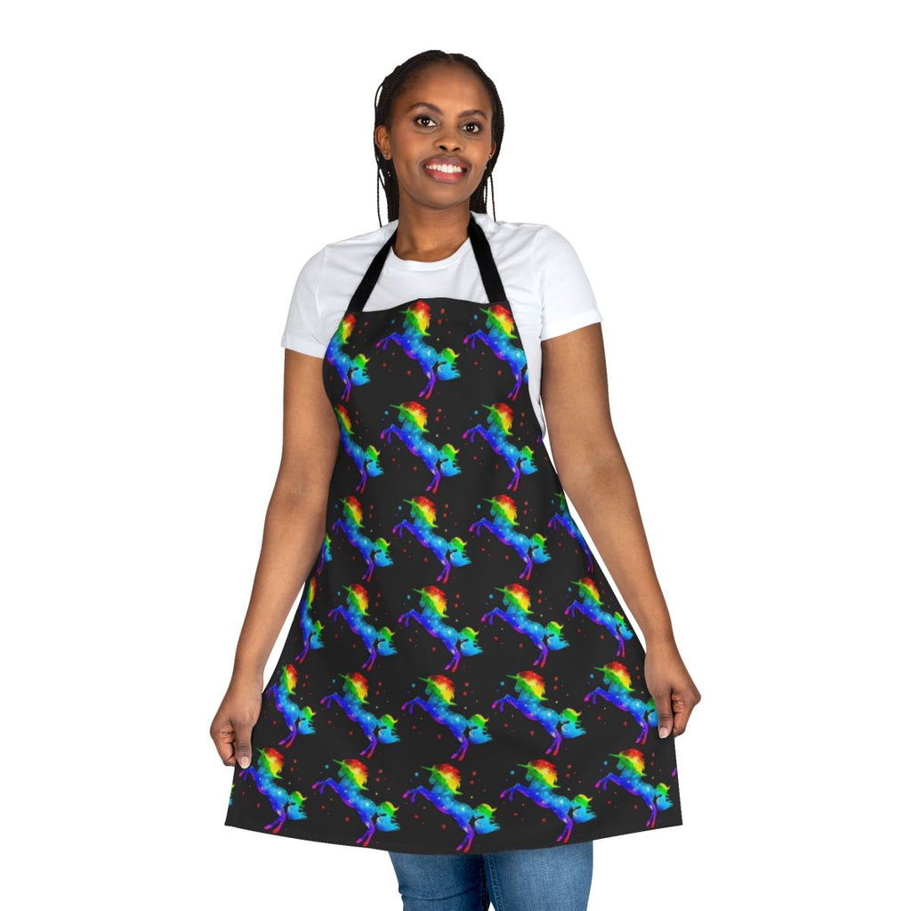 Colorful apron featuring a whimsical unicorn design in a starry galaxy background