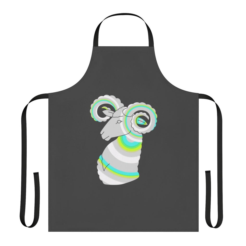 Vibrant and whimsical apron featuring a stylized ram design, representing the Aries zodiac sign and the concept of legendary animals.