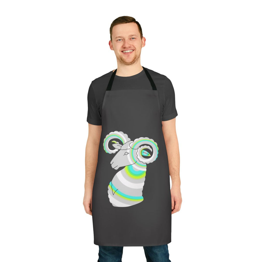 Vibrant and whimsical apron featuring a stylized ram design, representing the Aries zodiac sign and the concept of legendary animals.