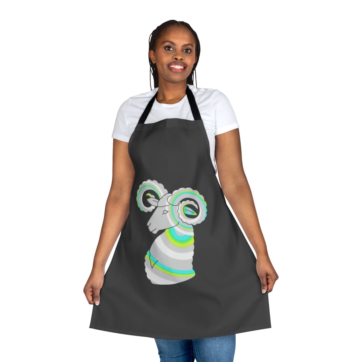 Vibrant and whimsical apron featuring a stylized ram design, representing the Aries zodiac sign and the concept of legendary animals.