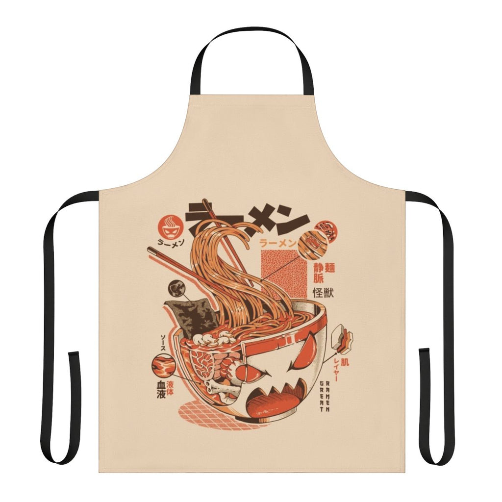 Vibrant blue and orange apron featuring a retro Japanese monster design, perfect for ramen lovers