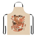 Vibrant blue and orange apron featuring a retro Japanese monster design, perfect for ramen lovers