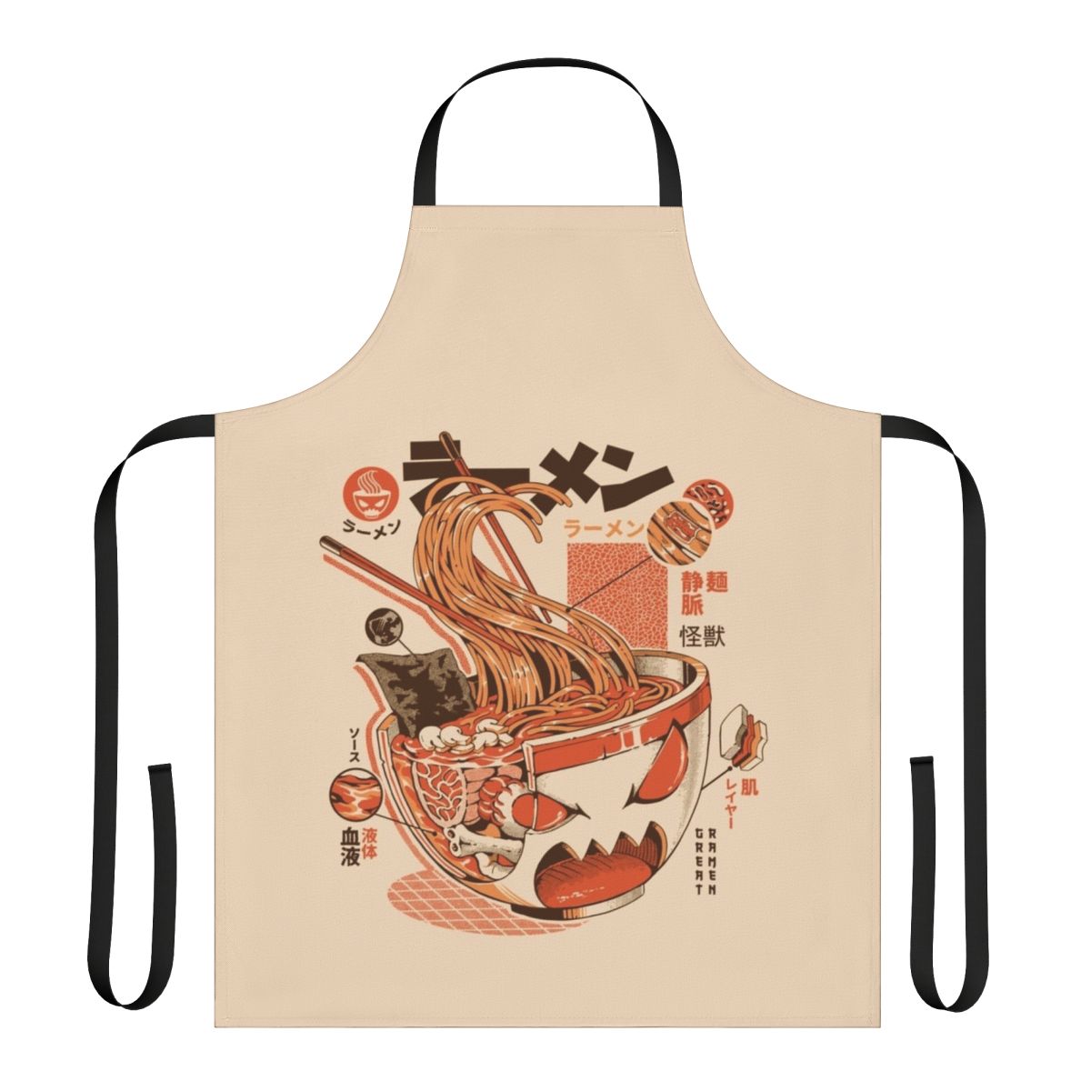 Vibrant blue and orange apron featuring a retro Japanese monster design, perfect for ramen lovers