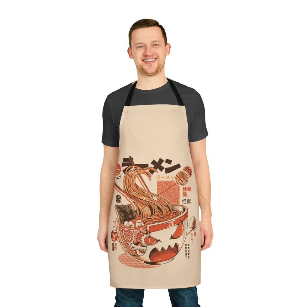 Vibrant blue and orange apron featuring a retro Japanese monster design, perfect for ramen lovers