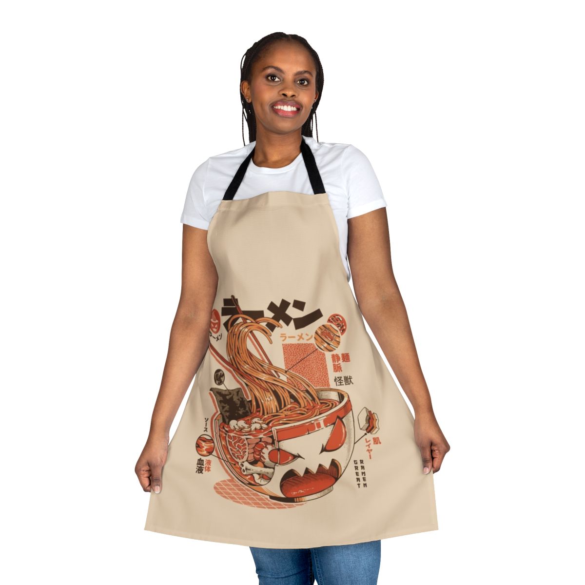 Vibrant blue and orange apron featuring a retro Japanese monster design, perfect for ramen lovers