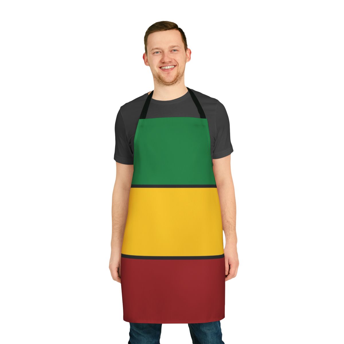 Rasta stripes apron featuring bold red, green, and gold colors