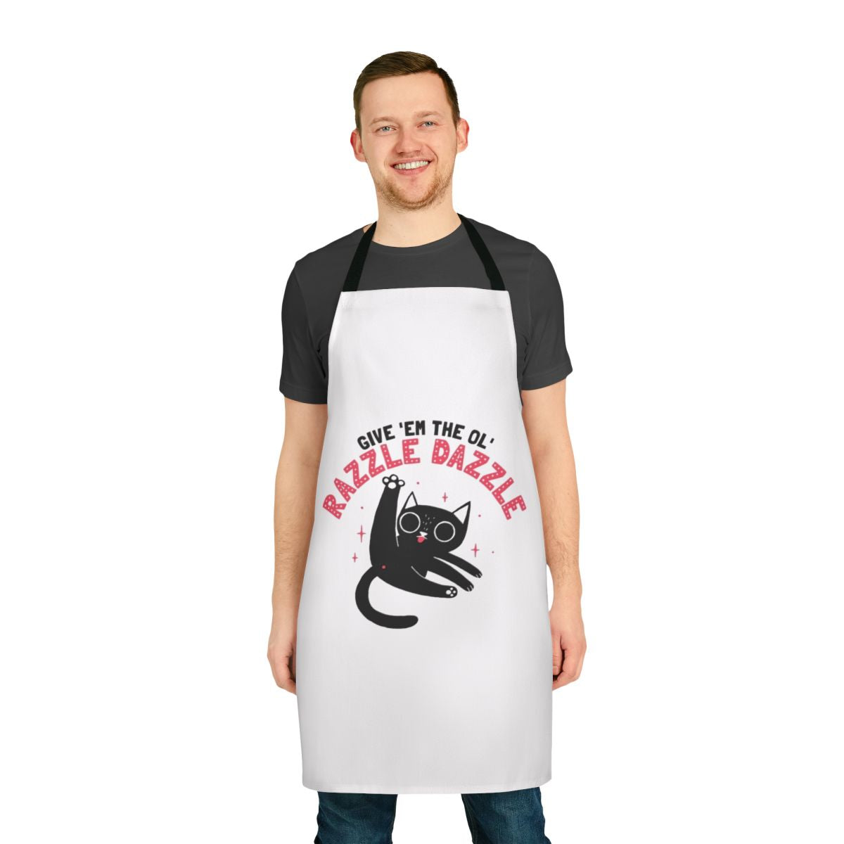 Colorful razzle dazzle apron with a playful cat design