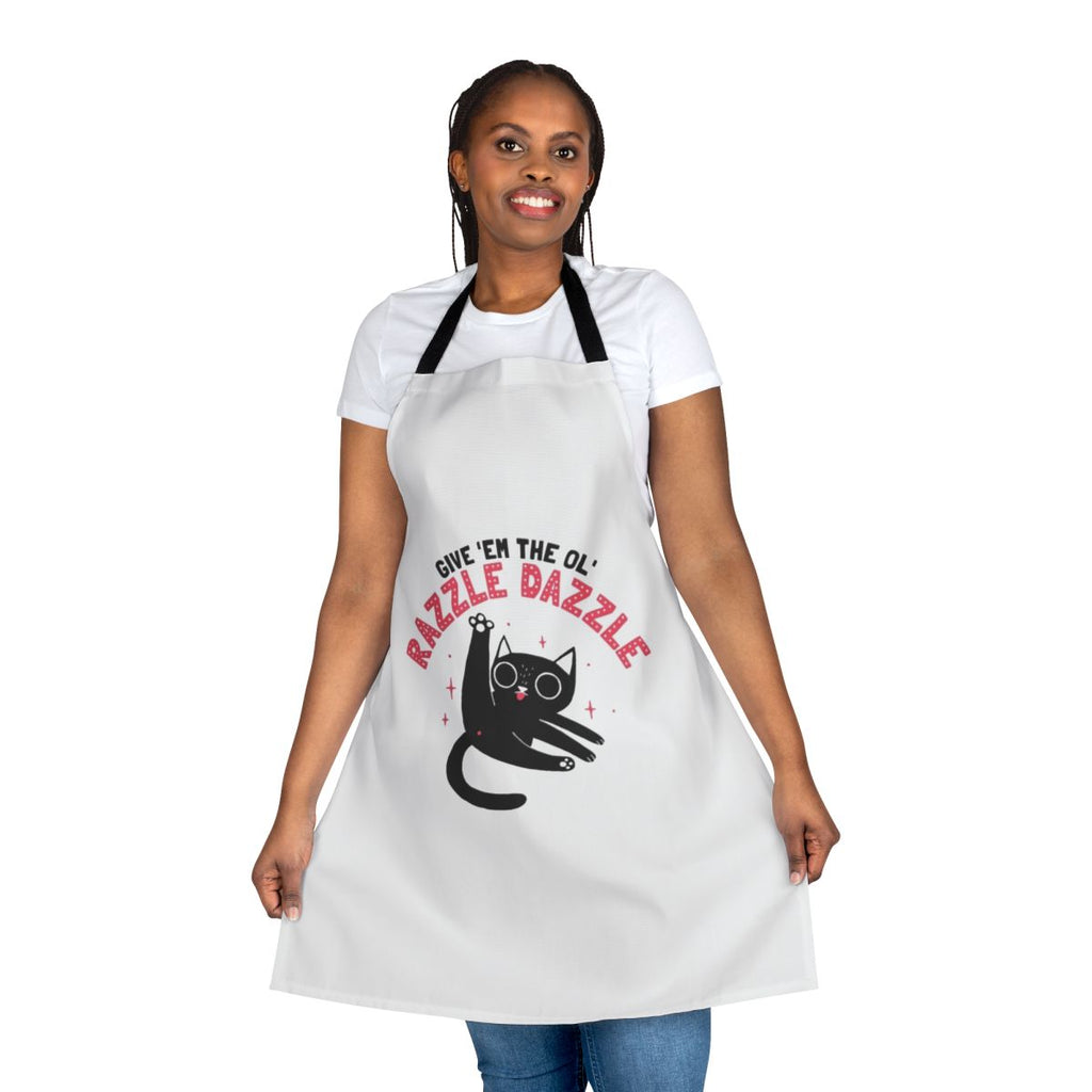 Colorful razzle dazzle apron with a playful cat design