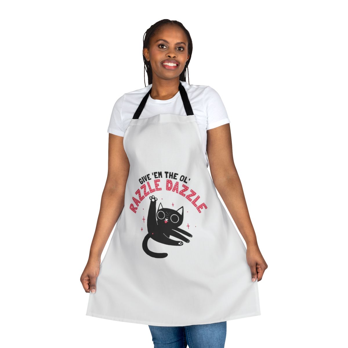Colorful razzle dazzle apron with a playful cat design