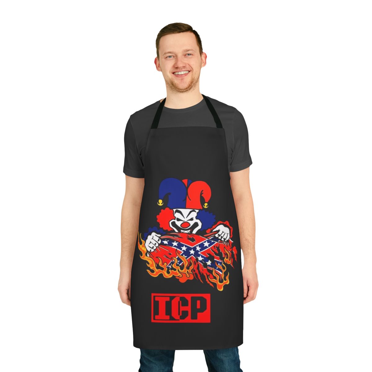 Colorful apron featuring a rebel flag design and whimsical animal graphics