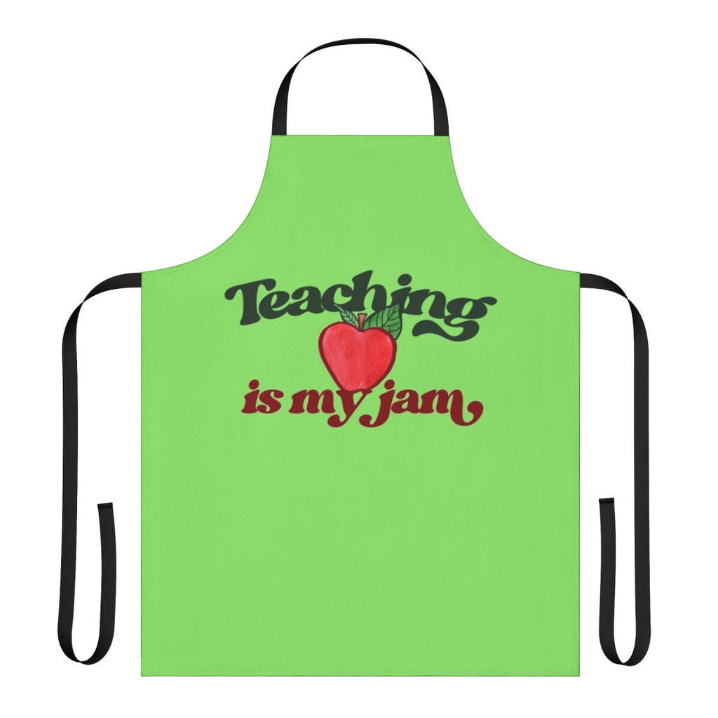 Bright red apple-themed apron with the text "Teaching Is My Jam"