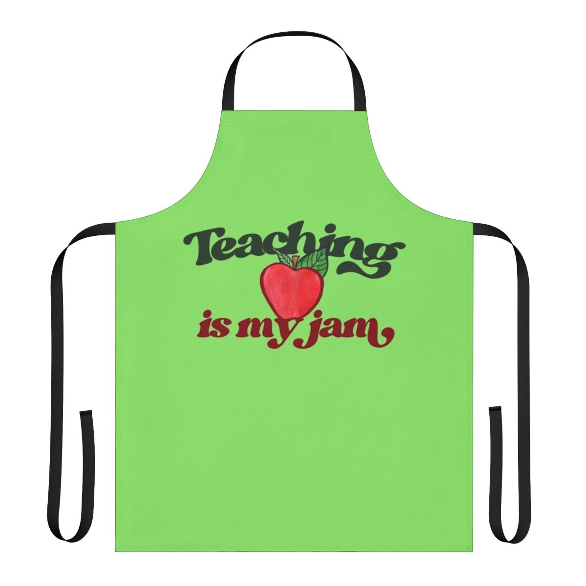 Bright red apple-themed apron with the text "Teaching Is My Jam"