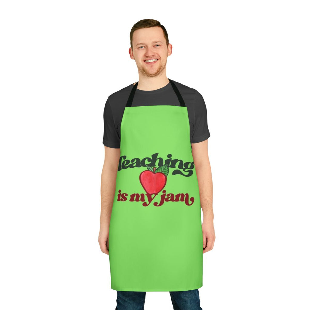 Bright red apple-themed apron with the text "Teaching Is My Jam"