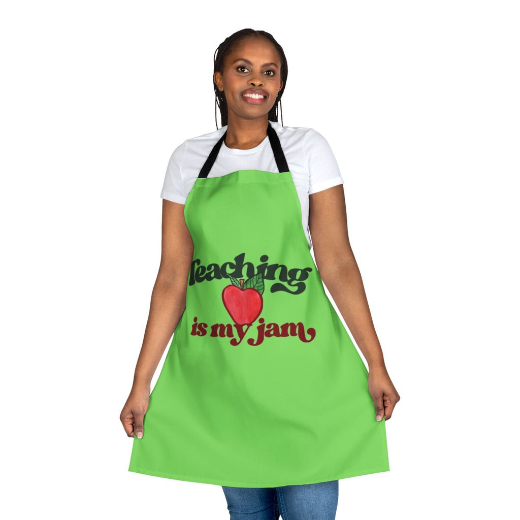 Bright red apple-themed apron with the text "Teaching Is My Jam"