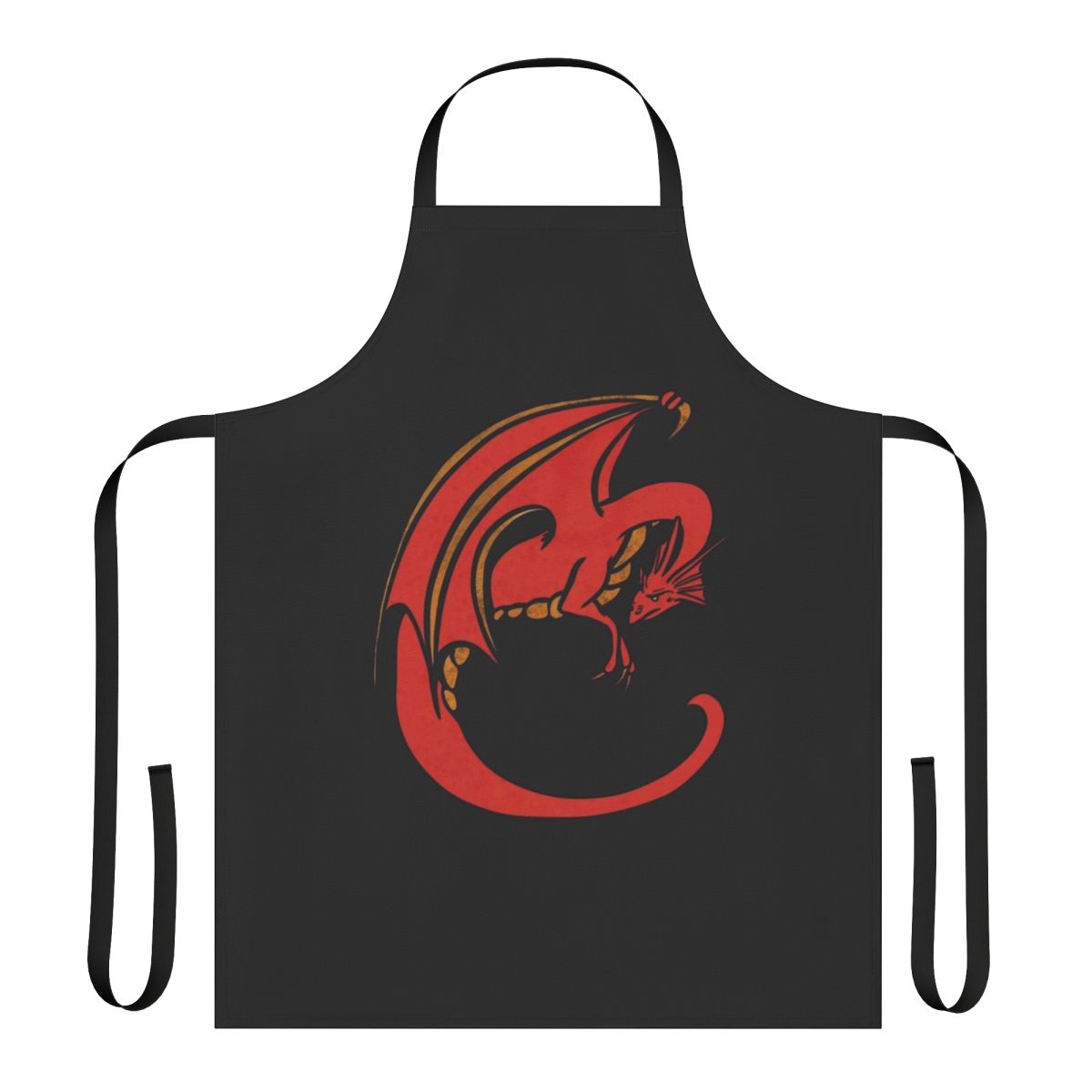 Vibrant red dragon themed apron with mythical beast design