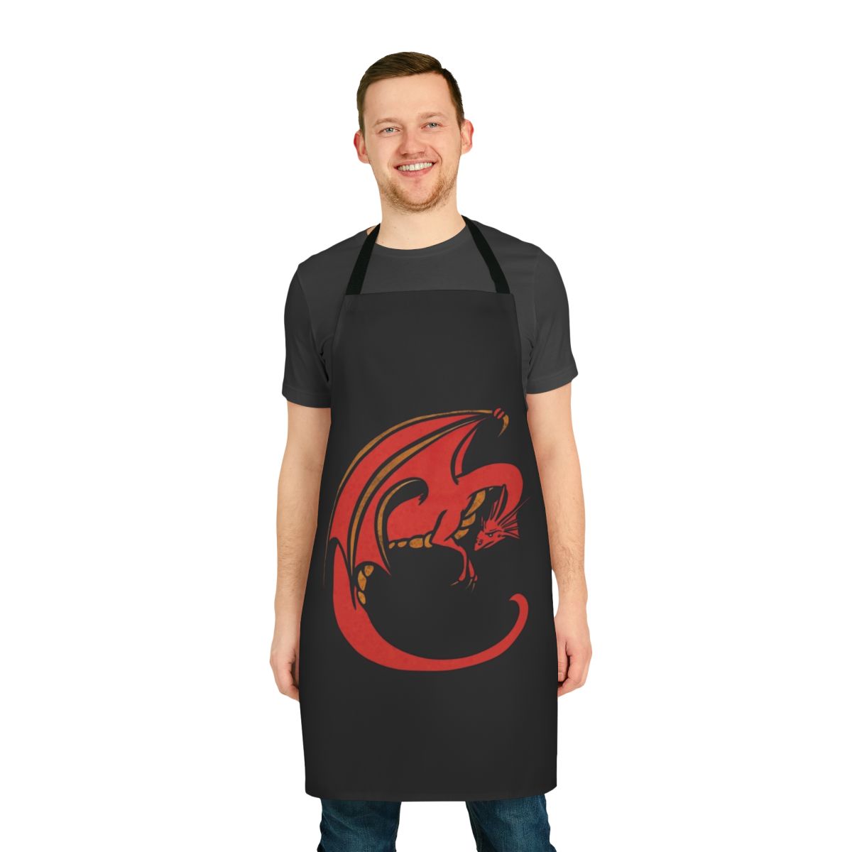 Vibrant red dragon themed apron with mythical beast design