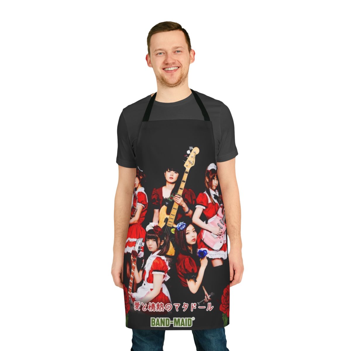 Stylish red flower-patterned apron for fans of the Japanese band BAND-MAID