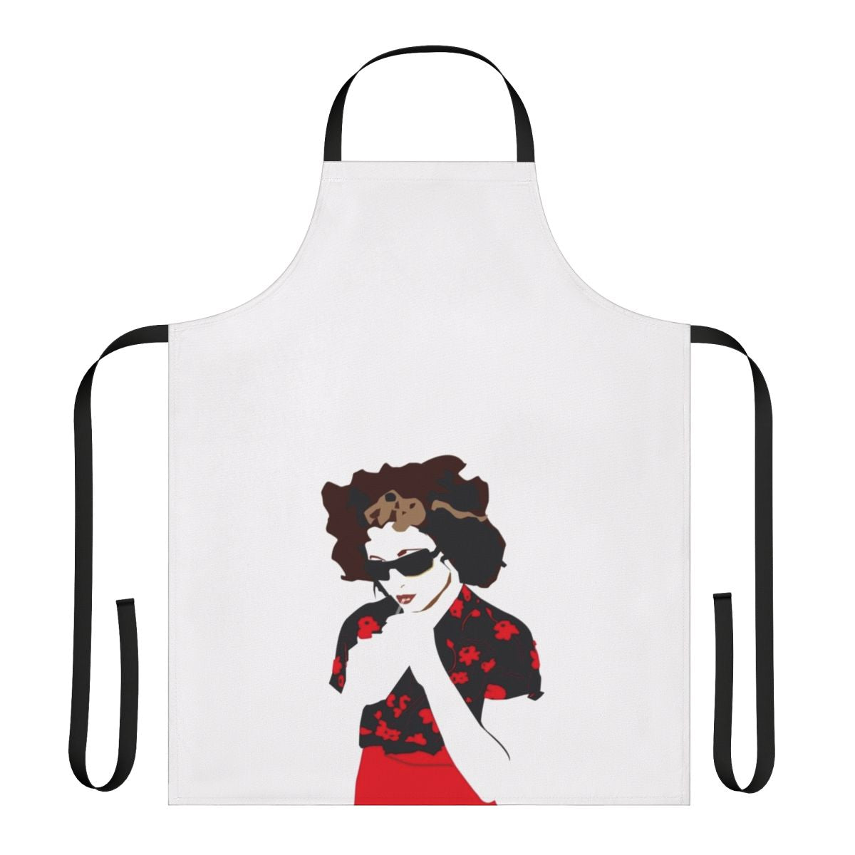 A vibrant red apron featuring a bold flower design, inspired by the music of artist Goldfrapp.