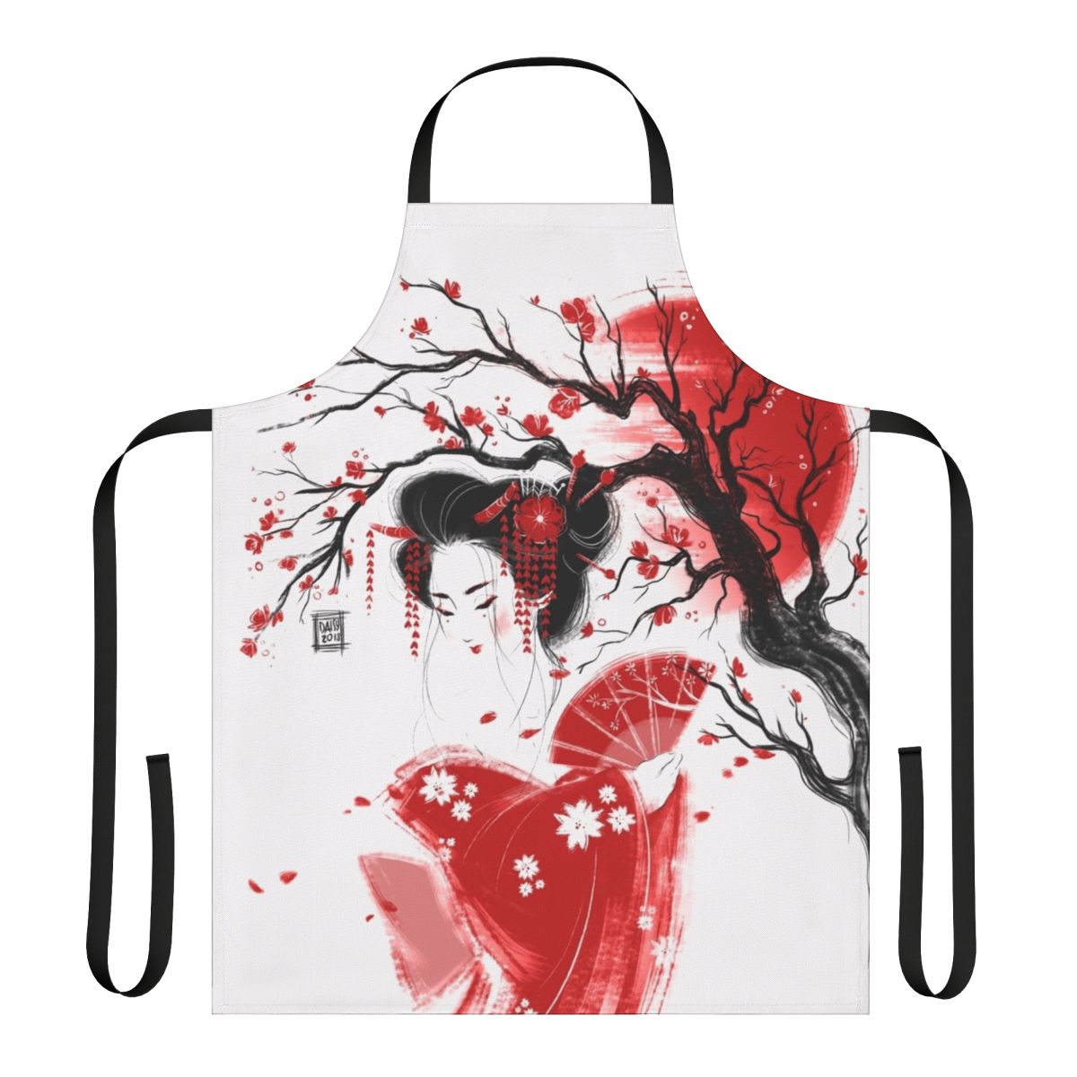 Beautifully designed red geisha-inspired apron with Japanese watercolor art elements