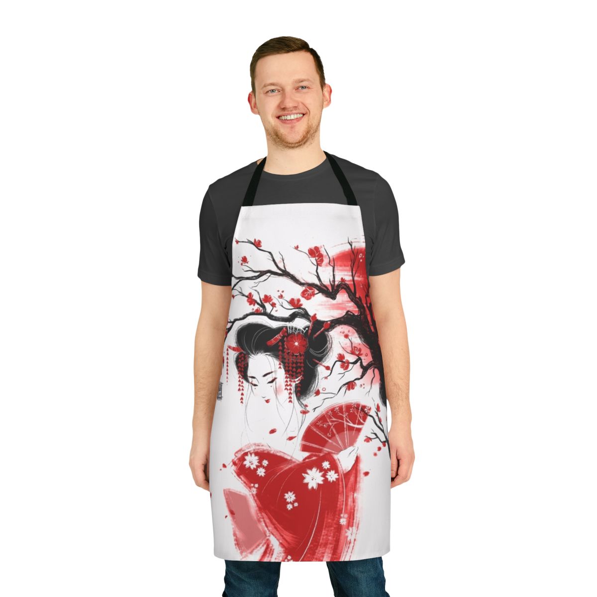 Beautifully designed red geisha-inspired apron with Japanese watercolor art elements