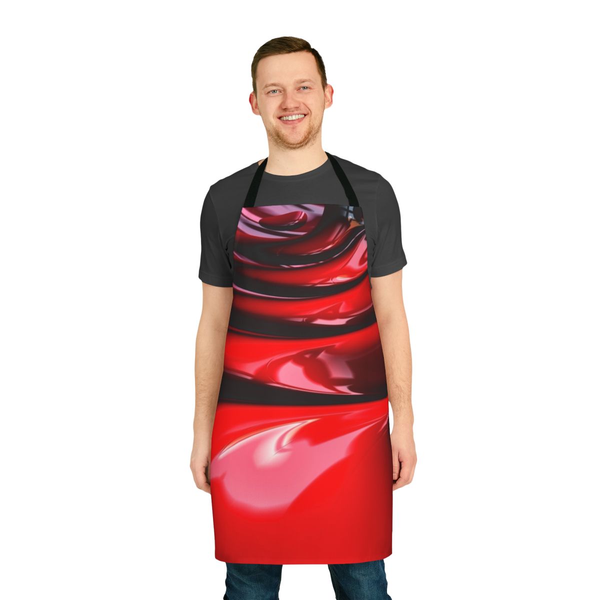 Model wearing a vibrant red latex fantasy apron