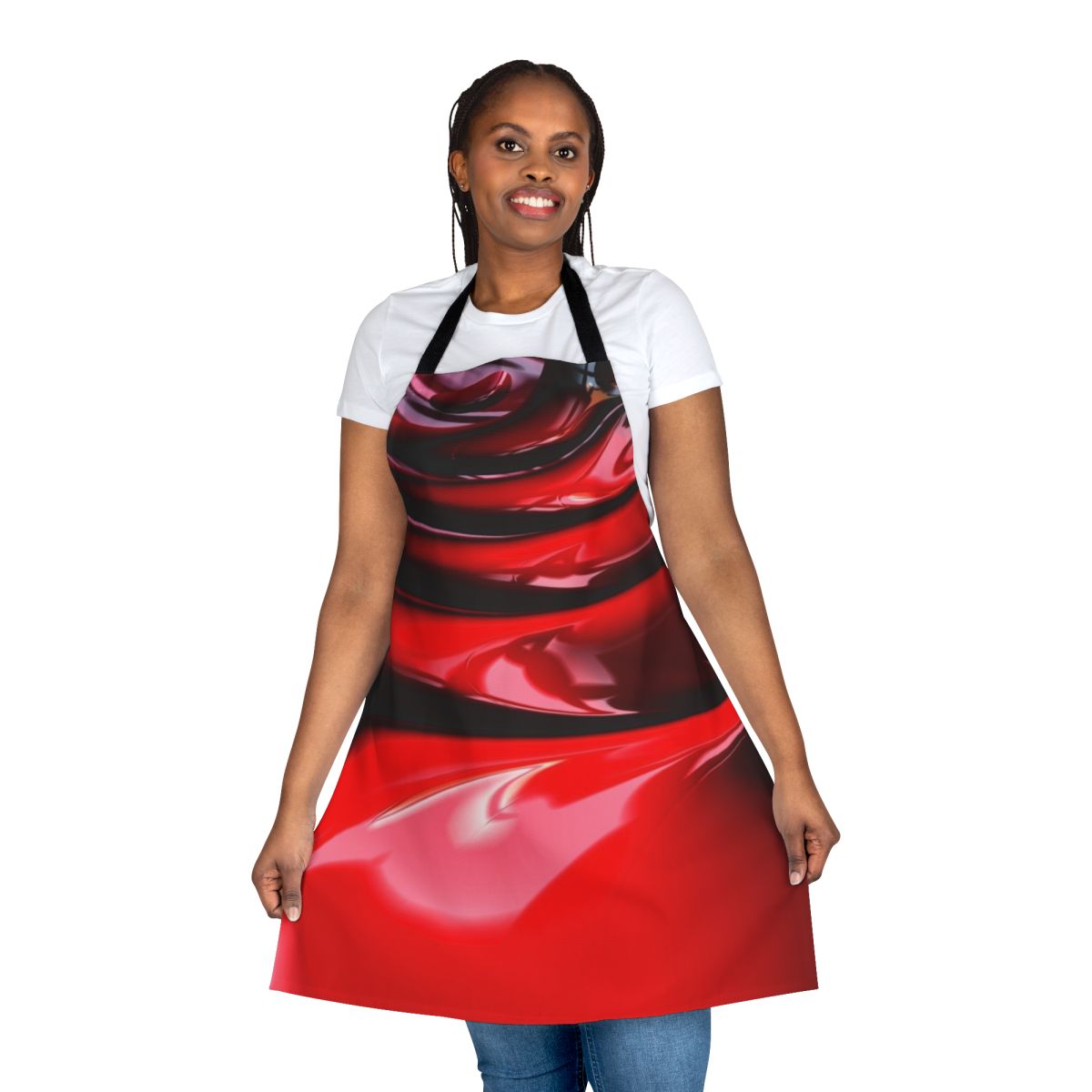 Model wearing a vibrant red latex fantasy apron