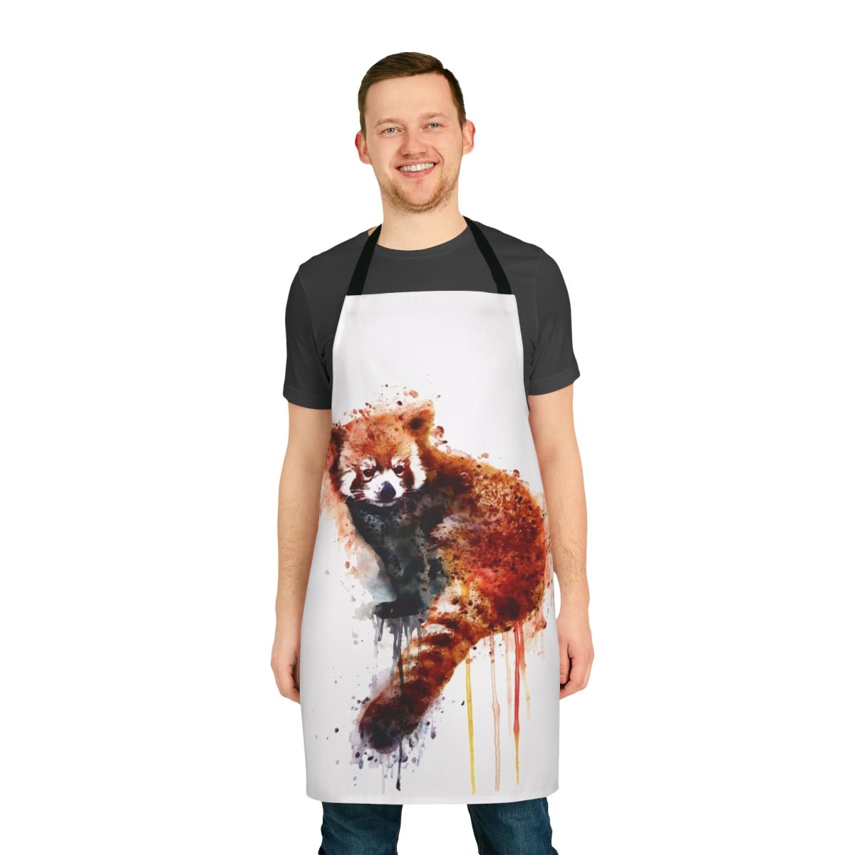 Watercolor painting of a cute and adorable red panda on a durable apron.