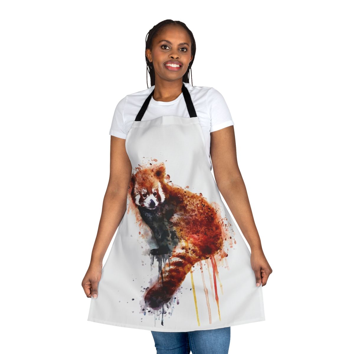 Watercolor painting of a cute and adorable red panda on a durable apron.
