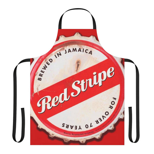 Red and white striped apron with bottle cap design, perfect for Jamaica-inspired cooking and hosting