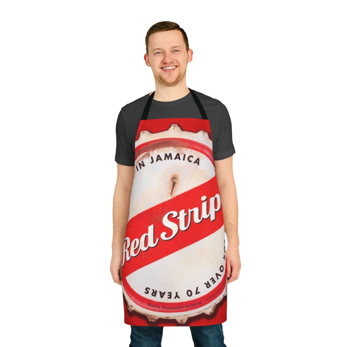 Red and white striped apron with bottle cap design, perfect for Jamaica-inspired cooking and hosting